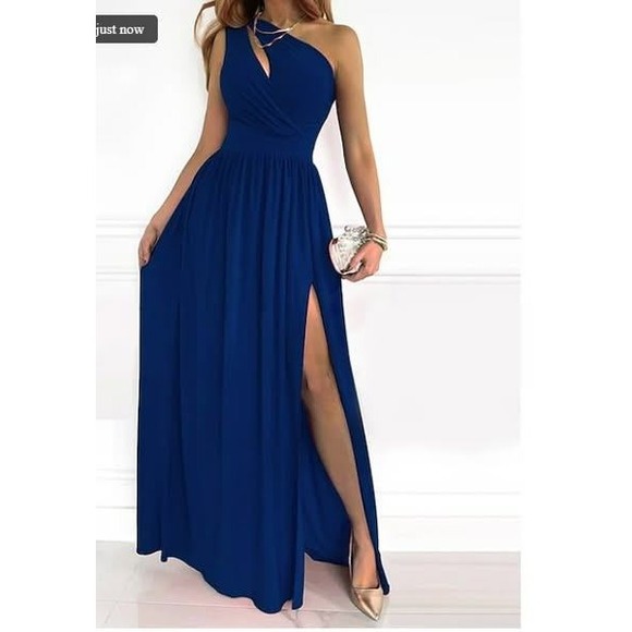 Womens One Shoulder Maxi Dress Evening Gown Party Cocktail Slit Blue small - Picture 1 of 2